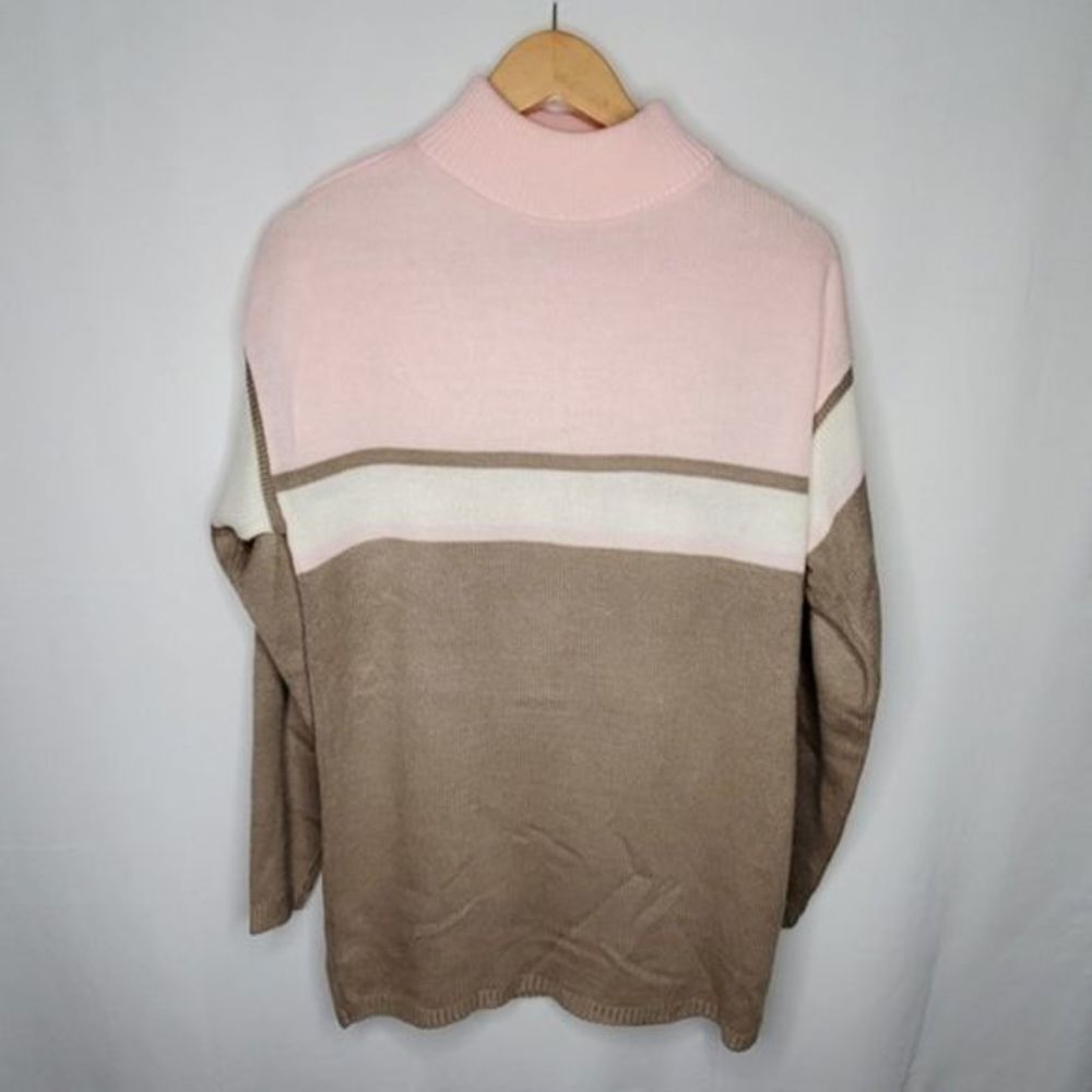 Bedford Fair Lifestyles Colorblock Stripe Sweater Pink Cream Brown‎ M